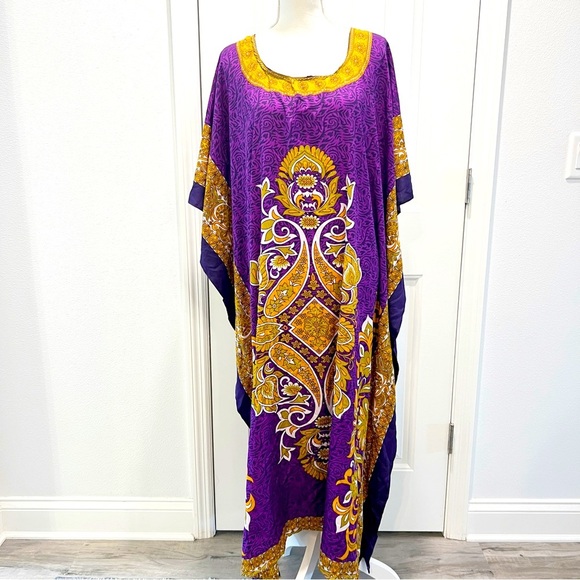 Kaftan Maxi One Size Classics Woman's House Dress Purple Gold - Picture 1 of 11